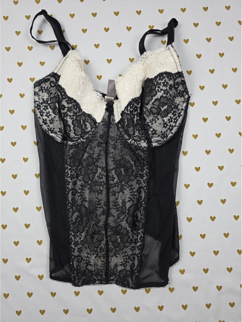 Victoria's Secret Lace Bustier Corset Black Ivory Sheer Mesh Lingerie 36D
